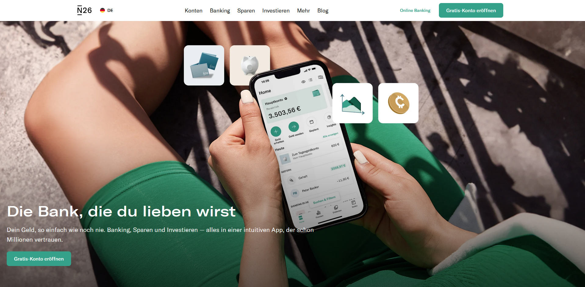 Bild der N26 Webseite , die beste NEO Bank in Deutschland